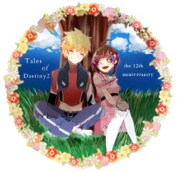Rule 34 | 1boy, 1girl, ahoge, blonde hair, breasts, brown eyes, brown hair, choker, dress, closed eyes, flower, frills, grin, hair ornament, kyle dunamis, midriff, open mouth, pants, reala (tales), shoes, short hair, smile, tales of (series), tales of destiny 2, thighhighs