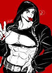 Rule 34 | 1boy, abs, bandaid, bara, black hair, black hoodie, chest harness, climaxmukr, dorohedoro, harness, hood, hood up, hoodie, kai (dorohedoro), large pectorals, male focus, multiple monochrome, muscular, navel, nipples, open clothes, open hoodie, pectoral press, pectorals, red background, short hair, sideburns, solo, upper body