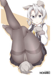 Rule 34 | 1girl, animal ears, animal hands, asymmetrical hair, black pantyhose, black vest, character name, commentary, dress shirt, flipped hair, gloves, grey eyes, kantai collection, legs up, long sleeves, looking at viewer, necktie, nowaki (kancolle), panties, panties under pantyhose, pantyhose, pantyshot, paw gloves, pleated skirt, school uniform, shigino sohuzi, shirt, silver hair, sitting, skirt, solo, swept bangs, tail, thighband pantyhose, underwear, vest, white panties, white shirt, wolf ears, wolf tail, yellow necktie