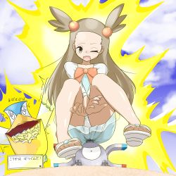 Rule 34 | 1girl, anal, black eyes, blue dress, blue sky, blush, bow, brown eyes, brown hair, cloud, collarbone, creatures (company), day, dress, electrocution, envelope, female focus, forehead, full body, game freak, gen 1 pokemon, gen 3 pokemon, hair bobbles, hair ornament, highres, japanese text, jasmine (pokemon), long hair, magnemite, magnet, mouth hold, nintendo, one-eyed, one eye closed, open mouth, outdoors, panties, pelipper, pokemon, pokemon (creature), pokemon hgss, red bow, sandals, screw, shiny skin, sitting, sky, solo focus, teeth, translation request, two side up, underwear, upskirt, v arms, white footwear, white panties, zeoraito