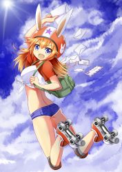 Rule 34 | 1girl, animal ears, backpack, bag, blue eyes, breasts, charlotte e. yeager, denim, denim shorts, ears through headwear, helmet, jumping, knee pads, letter, long hair, looking at viewer, midriff, open mouth, orange hair, rabbit ears, rabbit girl, red liquid (artist), roller skates, shorts, skates, solo, star (symbol), strike witches, world witches series