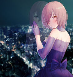 Rule 34 | 1girl, back, bare shoulders, blush, breasts, cityscape, dress, fate/grand order, fate (series), gloves, hair over one eye, highres, large breasts, light purple hair, looking at viewer, looking back, mash kyrielight, mash kyrielight (chaldea dinnertime), night, night sky, official alternate costume, parted lips, purple dress, purple eyes, purple gloves, reflection, short hair, sky, window, yumesaki takeshi