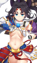 Rule 34 | 1girl, armor, armpit peek, armpits, asymmetrical hair, asymmetrical sleeves, black gloves, black hair, blue eyes, breasts, detached sleeves, fate/grand order, fate (series), gloves, holding, holding sword, holding weapon, japanese armor, katana, kusazuri, long hair, medium breasts, midriff, mismatched sleeves, navel, pinta (ayashii bochi), pom pom (clothes), ponytail, revealing clothes, revision, serious, sheath, sheathed, side ponytail, simple background, solo, stomach, sword, underboob, ushiwakamaru (fate), very long hair, weapon, white background