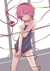 Rule 34 | 1girl, arai togami, bare arms, bare shoulders, clothes pull, come hither, covering privates, covering crotch, eyeball, hairband, heart, highres, komeiji satori, looking at viewer, naked shirt, naughty face, no panties, pink eyes, pink hair, shirt, shirt pull, smile, solo, third eye, touhou, undershirt, underwear, underwear only