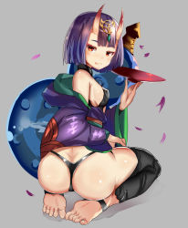 Rule 34 | 1girl, ass, bare shoulders, barefoot, barefoot sandals (jewelry), blush, breasts, butt crack, cherry blossoms, cup, fate/grand order, fate (series), feet, from behind, full body, hair ornament, highres, hizagawa rau, horns, japanese clothes, kimono, open mouth, orange eyes, purple hair, red eyes, sakazuki, shiny skin, short hair, shuten douji (fate), sideboob, simple background, sitting, skin-covered horns, smile, soles, solo, thong, toes