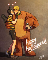 Rule 34 | 2boys, alternate costume, animal costume, bara, bear costume, bee costume, black hair, black shorts, blonde hair, blush, clothes tug, couple, cris art, ear piercing, fake wings, full body, hand on another&#039;s back, happy halloween, heart, holding, holding mask, hulkling, imminent kiss, leg hair, loving aura, male focus, marvel, mask, multiple boys, piercing, shirt, shoes, short hair, shorts, sneakers, socks, striped clothes, striped shirt, thick eyebrows, unworn mask, wiccan, wings, yaoi, yellow socks