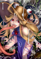 Rule 34 | 1girl, absurdres, ahoge, alternate costume, alternate hair length, alternate hairstyle, bare shoulders, bifrst, blonde hair, creepy, dress, elbow gloves, fangs, frog, gloves, hair ornament, hair ribbon, hat, highres, horror (theme), long hair, long tongue, looking at viewer, moriya suwako, open mouth, purple dress, red eyes, ribbon, single thighhigh, sleeveless, smile, solo, tattoo, thighhighs, tongue, tongue out, touhou