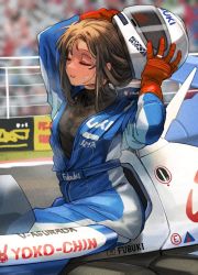 Rule 34 | 1girl, black hair, brand name imitation, car, character name, closed eyes, clothes writing, ergot, fubuki (kancolle), future gpx cyber formula, gloves, helmet, holding, holding helmet, kantai collection, long sleeves, motor vehicle, official alternate costume, open mouth, race vehicle, racecar, racing suit, red gloves, short hair, solo