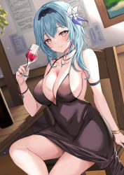Rule 34 | 1girl, alcohol, alternate costume, aqua hair, arm strap, bare shoulders, black hairband, breasts, brown eyes, cleavage, commentary request, dress, drink, eula (genshin impact), genshin impact, glass, hairband, halter dress, halterneck, harimoji, highres, holding, holding drink, indoors, large breasts, looking at viewer, short hair, sideboob, sidelocks, sitting, solo, thighs, wine