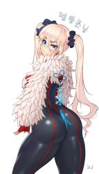 Rule 34 | 1girl, ass, blade &amp; soul, blue eyes, bodysuit, cowboy shot, feather trim, from behind, hair between eyes, harry (dudwofla), highres, looking back, platinum blonde hair, simple background, skin tight, twintails, white background