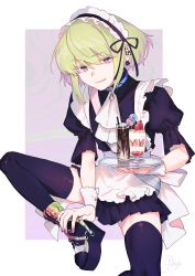 Rule 34 | 1boy, absurdres, alternate costume, apron, cup, drinking glass, ear piercing, earrings, enmaided, food, green hair, highres, ice cream, jewelry, lio fotia, maid, maid apron, maid headdress, male focus, moegi0926, open mouth, piercing, promare, purple eyes, solo, thighhighs, trap, waist apron, white apron