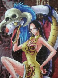 Rule 34 | black hair, boa hancock, dress, earrings, highres, impel down, jewelry, jigsaw puzzle, leg up, long hair, one piece, puzzle, salome (one piece), yellow dress