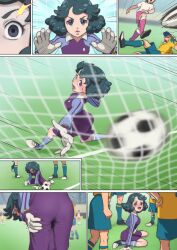Rule 34 | 1girl, ass, ball, blue eyes, blurry, blurry foreground, blush, breasts, gloves, goalkeeper, grass, green hair, highres, inazuma eleven (series), kicking, legs, looking at another, medium hair, multiple views, muramura hito, open mouth, outdoors, pussy juice, sequential, shorts, sitting, small breasts, smile, soccer, soccer ball, soccer uniform, sportswear, standing, thighs, trembling, umihara norika, wet, wet clothes