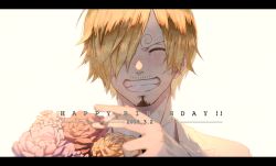Rule 34 | 1boy, akazu kieshi, beard, birthday, blonde hair, blush, bouquet, eyebrows, facial hair, flower, formal, happy birthday, highres, letterboxed, male focus, mustache, one piece, sanji (one piece), simple background, smile, solo, suit, white background, white suit