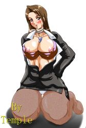 Rule 34 | 1girl, ace attorney, arms behind back, blush, bra, breasts, brown eyes, brown hair, business suit, capcom, cleavage, covered erect nipples, female focus, formal, full body, jewelry, kneeling, large breasts, lingerie, long hair, magatama, mia fey, neckerchief, necklace, nipple slip, nipples, open clothes, open shirt, panties, pantyhose, shirt, solo, suit, temple (artist), thighs, underwear, white background, white panties