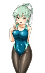 Rule 34 | 1girl, arms behind back, black pantyhose, blue one-piece swimsuit, bow, breasts, brown eyes, collarbone, competition swimsuit, covered navel, cowboy shot, green hair, green one-piece swimsuit, grey hair, hair between eyes, hair bow, hand on own chest, kantai collection, kudou (ooabareteng), medium breasts, one-piece swimsuit, open mouth, pantyhose, pantyhose under swimsuit, ponytail, simple background, smile, solo, swimsuit, white background, yuubari (kancolle), yuubari kai ni (kancolle)