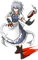 Rule 34 | 1girl, bad id, bad pixiv id, between fingers, boots, bow, braid, clock, gloves, grin, hair bow, highres, holding, holding knife, izayoi sakuya, kankan33333, knife, knives between fingers, maid, maid headdress, pocket watch, red eyes, red hair, silver hair, smile, solo, touhou, twin braids, watch, white background