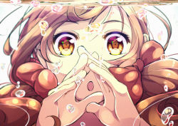 Rule 34 | 1girl, :o, air bubble, axis powers hetalia, bow, brown eyes, brown hair, bubble, cupping hands, hair ribbon, looking at viewer, low twintails, own hands together, portrait, red bow, ribbon, seychelles (hetalia), solo, submerged, swept bangs, twintails, underwater, wanwan (masaki1016), water, whispering