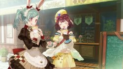 Rule 34 | 2girls, animal ears, apron, atelier (series), atelier sophie, bare shoulders, blue hair, blush, bow, braid, braided bangs, breasts, brown eyes, brown hair, crepe, eating, food, game cg, jewelry, long hair, maid apron, multiple girls, navel, necklace, noco (adamas), official art, rabbit ears, short hair, skirt, smile, sophie neuenmuller, tess heitzmann, tongue, tongue out