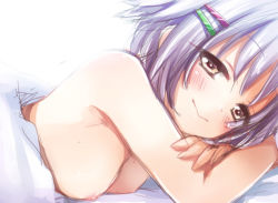 Rule 34 | 10s, 1girl, afterglow, bare shoulders, bed, blush, breasts, flat chest, fummy, hair ornament, hairpin, idolmaster, idolmaster cinderella girls, koshimizu sachiko, looking at viewer, lying, nipples, on back, short hair, silver hair, sketch, smile, solo, white background, yellow eyes