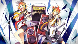 Rule 34 | 1boy, 1girl, blonde hair, blue eyes, brother and sister, crop top, crop top overhang, electric guitar, fender stratocaster, gibson les paul, guitar, hair ornament, hair ribbon, hairclip, highres, instrument, kagamine len, kagamine rin, keyboard (instrument), microphone, microphone stand, midriff, open mouth, ribbon, short hair, shorts, siblings, speaker, suzumi (fallxalice), twins, vocaloid, wireless