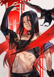 Rule 34 | 1boy, arc system works, bandeau, bird, black gloves, black hair, blood, bridal gauntlets, collar, collarbone, crow, forehead, frown, gloves, guilty gear, guilty gear x, guilty gear xx, hungry clicker, long hair, looking at viewer, navel, red eyes, testament (guilty gear), traditional media