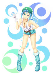 Rule 34 | 1girl, :p, alternate costume, alternate hairstyle, bare shoulders, belt, blue hair, boots, breasts, cleavage, crescent, crescent moon, denim, denim shorts, downblouse, gloves, green eyes, hand on own hip, hat, highres, kawashiro nitori, key, kinu saya, moon, no bra, one eye closed, rubber boots, short hair, shorts, small breasts, smile, solo, tank top, tongue, tongue out, touhou, white gloves, wink