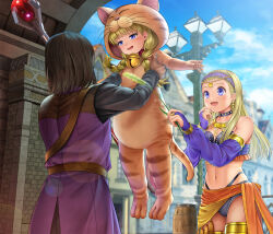 Rule 34 | 1boy, 2girls, animal costume, animal ears, animal hood, bell, belt, bikini, black bikini, black hair, black shirt, blonde hair, blue eyes, braid, bridal gauntlets, carrying, carrying person, cat costume, cat ears, cat hood, cat tail, cat teaser, choker, circlet, cloud, collar, commission, detached sleeves, dragon quest, dragon quest xi, fake animal ears, fake tail, fishnet pantyhose, fishnets, gem, hairband, hand to own mouth, harem outfit, hero (dq11), highres, hood, jewelry, lamppost, lifting person, long hair, multiple girls, mutsuki (moonknives), navel, official alternate costume, open mouth, orange sarong, outdoors, pantyhose, purple shirt, purple sleeves, sarong, senya (dq11), shirt, short hair, siblings, sisters, skeb commission, sky, smile, swimsuit, tail, thighlet, thighs, twin braids, twintails, veronica (dq11), wand