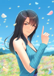 Rule 34 | 1girl, absurdres, black hair, blue shirt, blue sky, blurry, blurry background, brown eyes, cherry blossoms, collarbone, day, detached sleeves, fateline alpha, field, final fantasy, final fantasy viii, flower, flower field, from side, hair between eyes, highres, index finger raised, long hair, looking at viewer, outdoors, rinoa heartilly, shirt, sky, sleeveless, sleeveless shirt, smile, solo, striped clothes, striped shirt, upper body, vertical-striped clothes, vertical-striped shirt