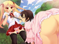 Rule 34 | 1boy, 1girl, ass, blonde hair, blush, brown eyes, brown hair, censored, character request, cloud, collar, crossdressing, dress, exhibitionism, femdom, game cg, hand on own hip, leash, long hair, maxal, open mouth, outdoors, panties, penis, public indecency, red eyes, sadololi ~sadistic lolita~, skirt, sky, slave, smile, thighhighs, trap, tree, underwear, upskirt