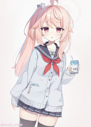 Rule 34 | 1girl, ahoge, black sailor collar, black skirt, black thighhighs, blue archive, blush, box, buttons, cardigan, commentary request, cowboy shot, grey cardigan, halo, highres, holding, holding box, juice box, long hair, long sleeves, looking at viewer, miniskirt, natsu (blue archive), neckerchief, parted lips, partial commentary, pink hair, pleated skirt, red eyes, red neckerchief, sailor collar, shirai tanuki, side ponytail, skirt, sleeves past wrists, solo, standing, thighhighs, twitter username, zettai ryouiki