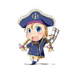 Rule 34 | 00s, 1girl, binoculars, blonde hair, blue eyes, blush, braid, chibi, full body, happy, hat, looking at viewer, mirano, patty fleur, pirate costume, pirate hat, simple background, smile, solo, tales of (series), tales of vesperia, twin braids, white background