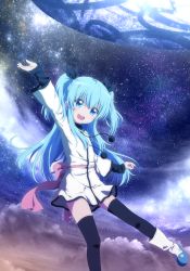 Rule 34 | 10s, 1girl, arm up, black thighhighs, blue eyes, blue hair, blush, goribote, highres, long hair, matching hair/eyes, noel (sora no method), open mouth, solo, sora no method, space, star (sky), thighhighs, two side up