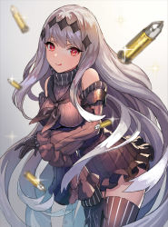 Rule 34 | 10s, 1girl, :q, abyssal ship, aircraft carrier water oni, bare shoulders, black dress, black gloves, breasts, bullet, detached sleeves, dress, female focus, frilled sleeves, frills, glint, gloves, grey hair, kantai collection, large breasts, long hair, long sleeves, neckerchief, red eyes, ribbed dress, sailor dress, short dress, smile, solo, sparkle, star-shaped pupils, star (symbol), striped clothes, striped thighhighs, symbol-shaped pupils, teffish, thighhighs, tongue, tongue out, very long hair, zettai ryouiki
