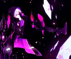Rule 34 | 1boy, absurdres, add (elsword), bad id, bad twitter id, black hair, black sclera, bodysuit, boots, colored sclera, elsword, erun-cbal-, floating, gloves, hand on own face, highres, hood, hooded coat, mad paradox (elsword), purple eyes, shaded face, shatter, short hair, white hair