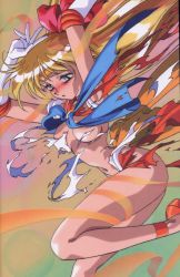 Rule 34 | 1990s (style), 1girl, aino minako, armpits, arms up, bishoujo senshi sailor moon, blonde hair, blue eyes, blush, bow, breasts, detransformation, elbow gloves, exploding clothes, gloves, hair bow, highres, long hair, magical girl, nipple slip, nipples, open mouth, orange skirt, red bow, ribbon, sailor collar, sailor venus, skirt, solo, tearing clothes, tiara, torn clothes, white gloves