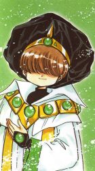 Rule 34 | 1990s (style), 1boy, ascot (rayearth), brown hair, cape, clamp, coat, gem, hat, hidden eyes, magic knight rayearth, male focus, official art, retro artstyle, scan, smile, solo