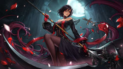 Rule 34 | 1girl, absurdres, bare shoulders, black dress, black hair, closed mouth, detached collar, dress, dungeon and fighter, falling petals, female priest (dungeon and fighter), highres, leg up, long sleeves, majiko-l, night, petals, scythe, seams, short hair, shoulder tattoo, solo, tattoo, thighhighs, upper body