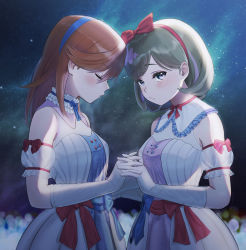Rule 34 | 2girls, blue eyes, blue hairband, blush, closed mouth, commentary request, detached sleeves, dress, closed eyes, gloves, hairband, highres, holding hands, interlocked fingers, light brown hair, looking at viewer, love live!, love live! superstar!!, medium hair, multiple girls, netsuka, orange hair, pink hairband, puffy short sleeves, puffy sleeves, shibuya kanon, short hair, short sleeves, sleeveless, sleeveless dress, tang keke, tiny stars, upper body, white dress, white gloves