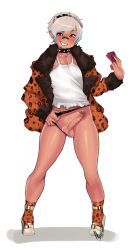 Rule 34 | 1boy, androgynous, animal print, black thighhighs, blonde hair, blue eyes, choker, coat, condom, crossdressing, full body, grin, hairband, high heels, highres, leopard print, male focus, original, pectorals, penis, shoes, short hair, simple background, smile, solo, spikes, tank top, testicles, thighhighs, trap, uncensored, white background, yogurtmilk