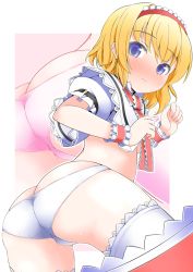 Rule 34 | 1girl, alice margatroid, ass, blonde hair, blue eyes, blush, breasts, capelet, female focus, flat chest, hairband, no pants, panties, ribbon, shishigami (sunagimo), short hair, small breasts, solo, thighhighs, touhou, underboob, underwear, white panties, white thighhighs, wrist cuffs, wrist ribbon