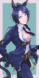 Rule 34 | 1girl, ahoge, animal ears, belt, belt buckle, black necktie, blue background, blue eyes, blue gloves, blue hair, blue jacket, blue pants, breasts, brown belt, buckle, center frills, cleavage, closed mouth, collared shirt, commentary request, dress shirt, formal, frills, fuji kiseki (umamusume), gloves, grey background, hand on own hip, highres, horse ears, horse girl, horse tail, jacket, long sleeves, looking at viewer, medium breasts, necktie, open clothes, open jacket, pant suit, pants, shirt, sisyaowari, smile, solo, standing, suit, tail, two-tone background, umamusume, white shirt