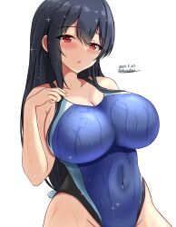 Rule 34 | 1girl, :o, black hair, black one-piece swimsuit, blue one-piece swimsuit, blush, breasts, competition swimsuit, covered navel, cowboy shot, dated, fusou (kancolle), highleg, highleg swimsuit, highres, impossible clothes, impossible swimsuit, kantai collection, large breasts, long hair, montemasa, multicolored clothes, multicolored swimsuit, one-hour drawing challenge, one-piece swimsuit, red eyes, simple background, swimsuit, twitter username, two-tone swimsuit, wet, wet clothes, wet swimsuit, white background