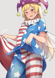 Rule 34 | 1girl, absurdres, american flag legwear, american flag print, american flag shirt, blonde hair, clothes lift, clownpiece, cowboy shot, fairy wings, grey background, hat, highres, jester cap, lifting own clothes, long hair, looking down, multicolored clothes, nagomian, neck ruff, pantyhose, polka dot headwear, print shirt, purple hat, red eyes, shirt, shirt lift, short sleeves, simple background, solo, standing, star (symbol), star print, striped clothes, striped pantyhose, striped shirt, sweat, touhou, transparent wings, wet, wet clothes, wings