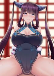 Rule 34 | 1girl, backlighting, bare shoulders, black dress, blue eyes, blunt bangs, blush, breasts, china dress, chinese clothes, cleavage, detached sleeves, dress, fate/grand order, fate (series), hair ornament, highres, kisaragi nana, large breasts, long hair, looking at viewer, purple hair, revision, sex, sidelocks, solo focus, twintails, very long hair, yang guifei (fate), yang guifei (second ascension) (fate)