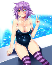Rule 34 | 00s, 1girl, bad id, bad pixiv id, blue eyes, blush, breasts, candy, cleavage, food, large breasts, lollipop, looking at viewer, mouth hold, one-piece swimsuit, purple hair, rosario+vampire, school swimsuit, sen (sansui), shiny skin, shirayuki mizore, short hair, sitting, solo, striped clothes, striped thighhighs, swimsuit, thighhighs, v