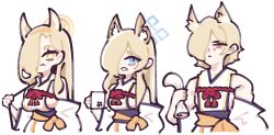 Rule 34 | + +, 1boy, 294 (ranaga), 2girls, alternate costume, animal ear fluff, animal ears, arknights, blue archive, blue eyes, breasts, chibi, commentary request, cosplay, crossdressing, crossover, cup, detached sleeves, dog boy, dog ears, dog girl, fox ears, fox girl, hair over one eye, halo, highres, holding, holding cup, holding newspaper, japanese clothes, kaho (blue archive), kaho (blue archive) (cosplay), kanna (blue archive), light brown hair, long hair, long sleeves, look-alike, looking at another, looking at viewer, medium breasts, medium hair, mlynar (arknights), mole, mole under mouth, mug, multiple girls, newspaper, orange eyes, rope, sharp teeth, shimenawa, sideboob, sidelocks, simple background, sketch, teeth, thick eyebrows, trait connection, white background, wide sleeves