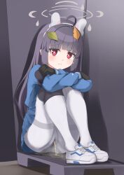 Rule 34 | 1girl, absurdres, animal ears, black gloves, black hair, blue archive, blue skirt, blush, cameltoe, crossed arms, fake animal ears, female focus, gloves, halo, highres, leaf, long hair, looking at viewer, miyu (blue archive), pantyhose, peeing, peeing self, rabbit ears, red eyes, shoes, sitting, skirt, solo, udonko (tinanago7715), wet, wet clothes, wet pantyhose, white pantyhose