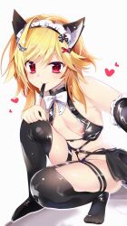 Rule 34 | &gt;:), 1girl, animal collar, animal ears, belt, black gloves, black skirt, black thighhighs, blonde hair, blush, bone hair ornament, bow, bra slip, breasts, breasts apart, cat ears, closed mouth, collar, commentary request, elbow gloves, eyelashes, fake animal ears, gloves, hair between eyes, hair ornament, heart, highres, imoe (1017933989), kin-iro loveriche, leash, legs, looking at viewer, maid headdress, medium hair, miniskirt, nipple slip, nipples, o-ring, o-ring belt, on one knee, red eyes, selfie, sidelocks, simple background, single hair intake, skindentation, skirt, small breasts, smile, solo, souma ria, spiked hair, stomach, thigh strap, thighhighs, thighs, v-shaped eyebrows, white background, white bow, x hair ornament