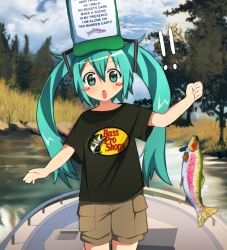 Rule 34 | !, !!, 1girl, animal, baseball cap, bass pro shops, blue hair, blush, blush stickers, boat, cargo shorts, commentary, cowboy shot, day, english commentary, fish, fishing, fishing line, green eyes, hat, hatsune miku, highres, holding, holding animal, holding fish, lake, long hair, looking at viewer, meme, onlinepetclub, open mouth, outdoors, rainbow trout, shirt, short sleeves, shorts, sky, solo, t-shirt, tall hat, trout, twintails, very long hair, vocaloid, water, watercraft, women want me fish fear me (meme)